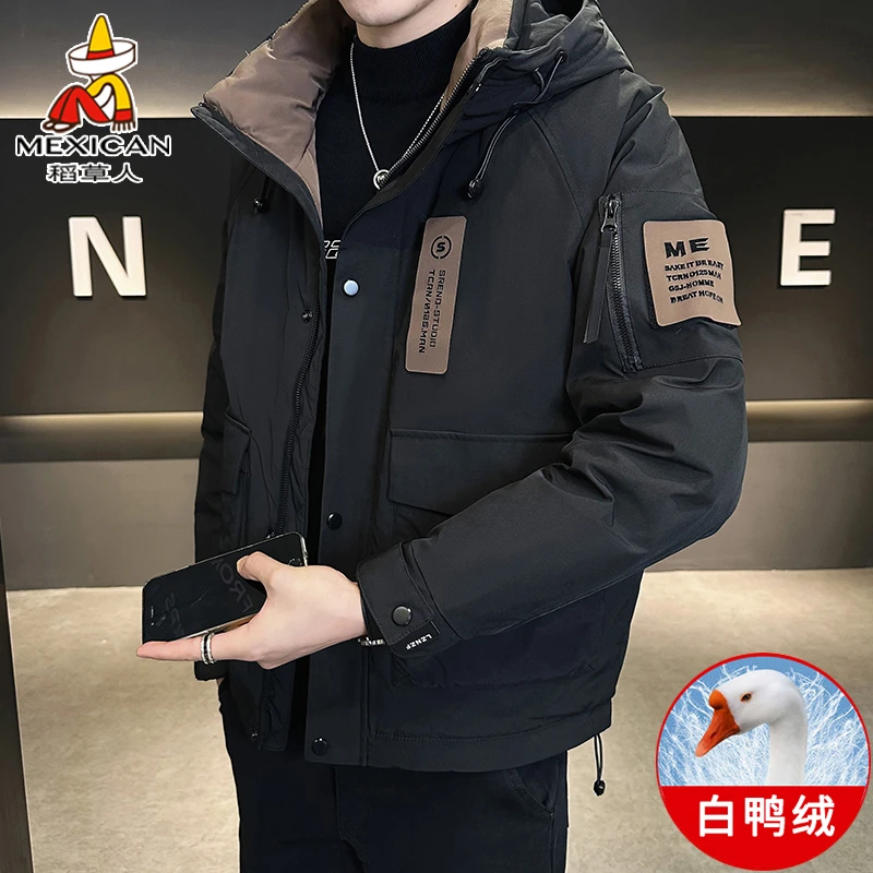 稻草人2025新款羽绒服男短款加厚保暖冬季工装连帽工装白鸭绒外套