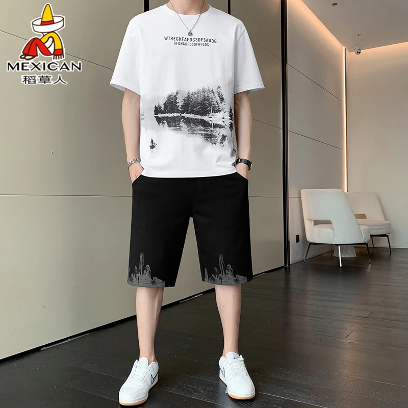 稻草人夏季男士纯棉休闲套装宽松透气轻薄款高档上衣服夏装一整套