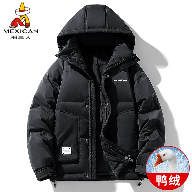 稻草人冬季男士羽绒服加厚保暖连帽休闲外套白鸭绒潮牌黑色上衣服