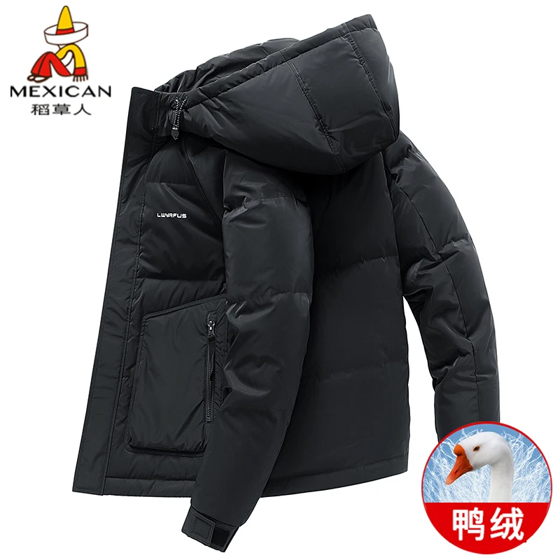 稻草人冬季男士羽绒服宽松加厚保暖连帽外套白鸭绒潮牌帅气上衣服