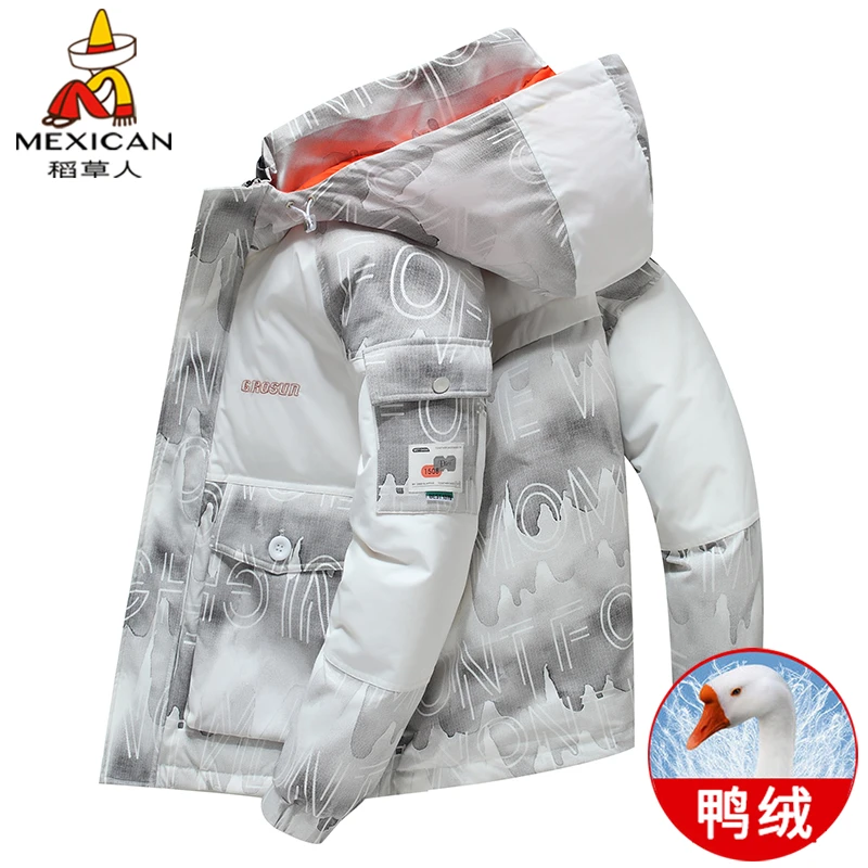 稻草人冬季男士羽绒服宽松加绒保暖外套白鸭绒连帽工装帅气上衣服