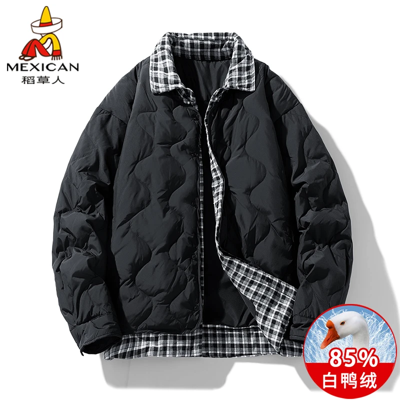 稻草人衬衫领假两件羽绒服男士冬季新款潮牌加厚保暖短款冬装外套