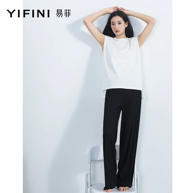 [Yifini/易菲】新品三宅风压褶显瘦松紧腰百搭凉爽空气裤B04K3944