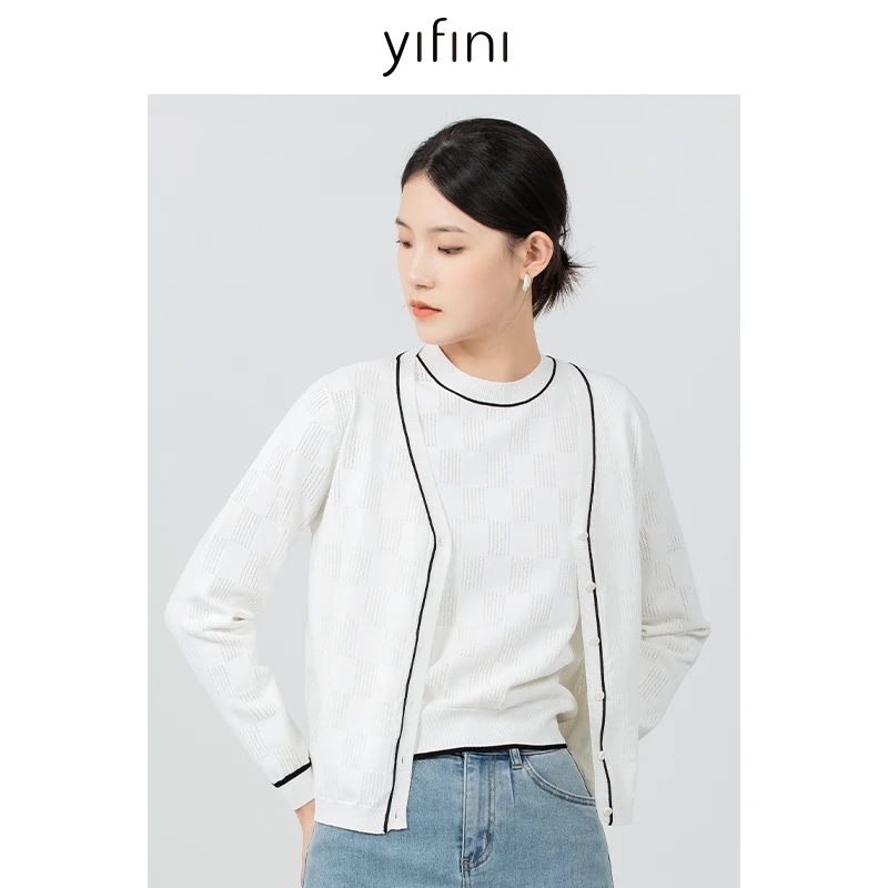 【Yifini】方格针织提花边缘撞色宽松短款毛针织开衫 B08T3920