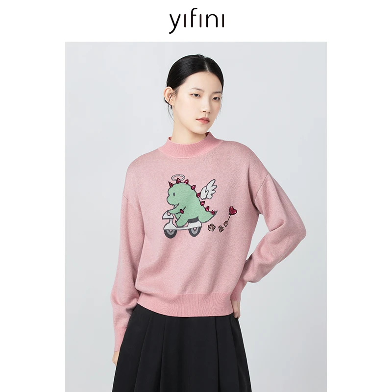 【Yifini】绵羊毛混纺新年小龙图案双面针织保暖长袖针织衫B10M3942