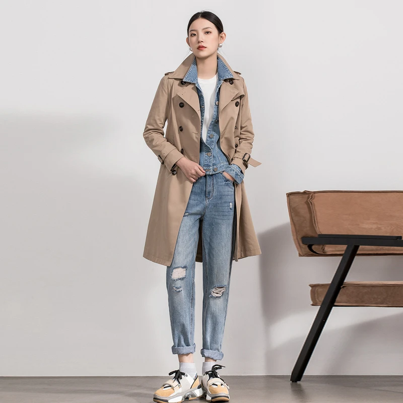 【Yifini】英伦风经典双层布双排树脂扣中长款风衣2108F902