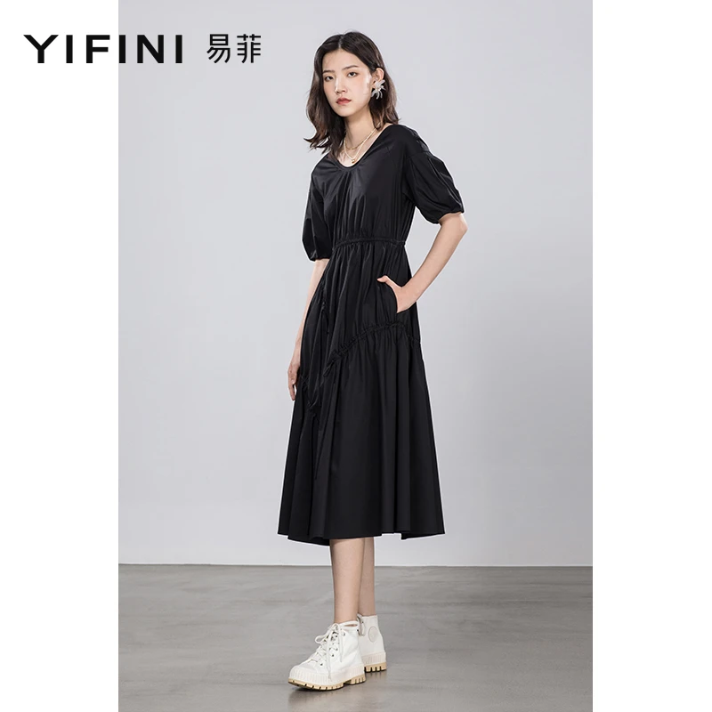 【Yifini】不规则抽褶设计感棉质显瘦小黑裙A06Y3849