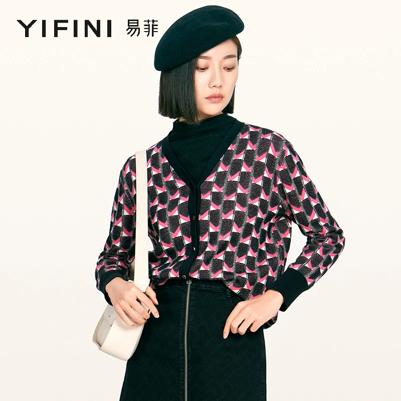 【Yifini】几何印花休闲百搭时尚复古短款毛织外套2201T013