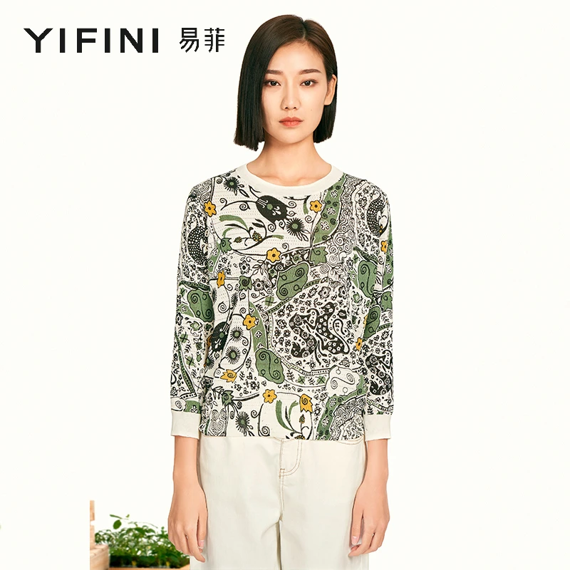 【Yifini】专柜同款-100高捻棉纱线春季新款宽松短款毛衫2202M008