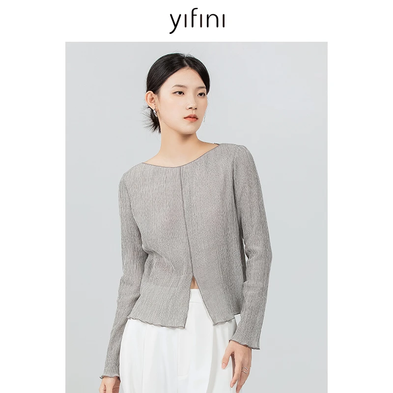 【Yifini】一字领下摆小开衩设计合体上衣高级T恤