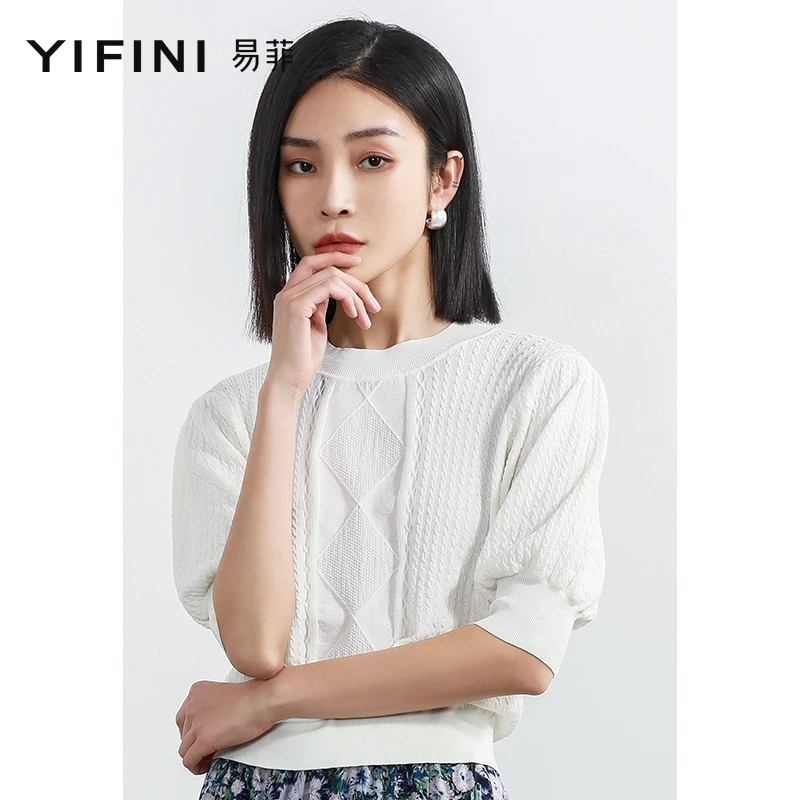 【Yifini】仿亚麻法式菱格钩花复古泡泡袖圆领针织B04M3901