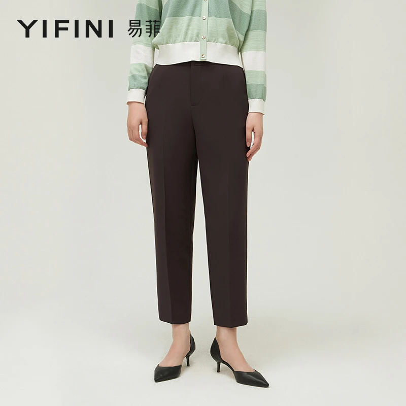 【Yifini】经典咖色系舒适百搭抗皱锥型九分裤B08K1406
