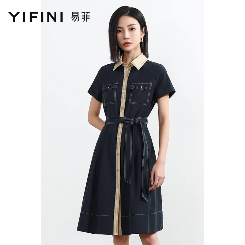 【Yifini】新品夏季X型休闲气质时尚收腰撞色衬衫连衣裙B04Y3966