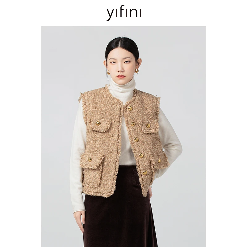 【Yifini】混纺粗花呢小香风流苏精致时尚马甲