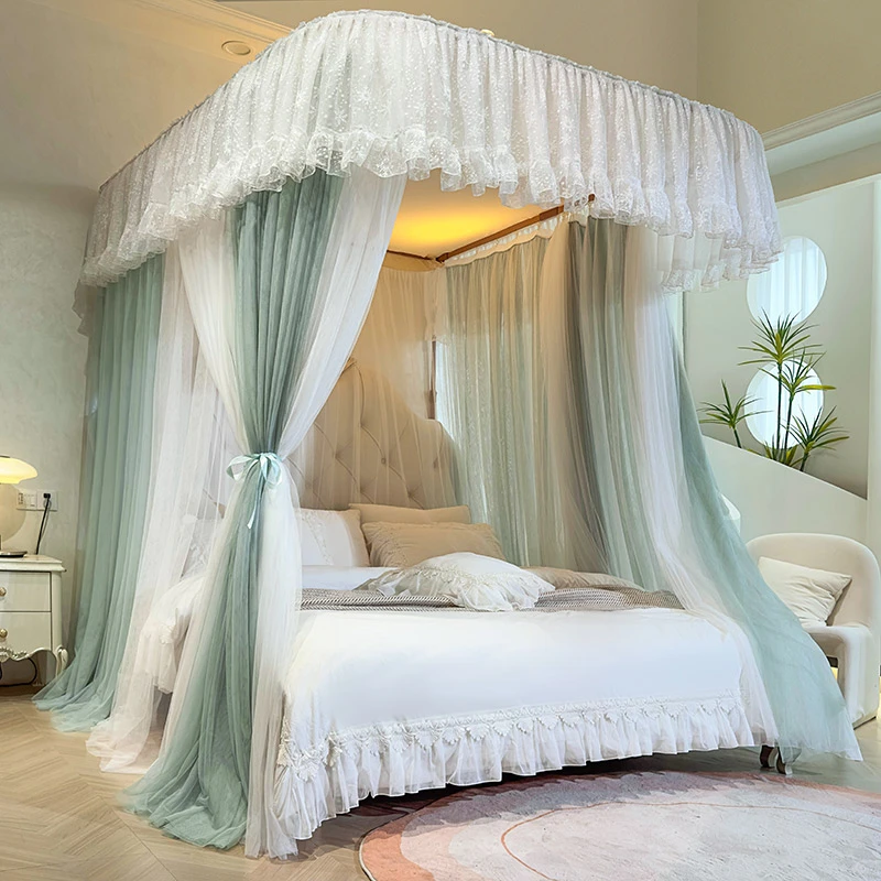 新型豪华高档双层蚊帐家用卧室u型轨道2024新款纹落地支架免安装4