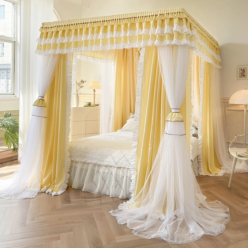 五通双杆落地双层遮光宫廷蚊帐四开门床幔卧室家用加厚不锈钢支架