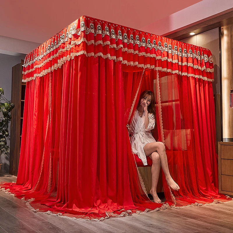 高档落地款床幔式蚊帐双层遮光帘婚庆结婚蚊帐红色三开门床上用品