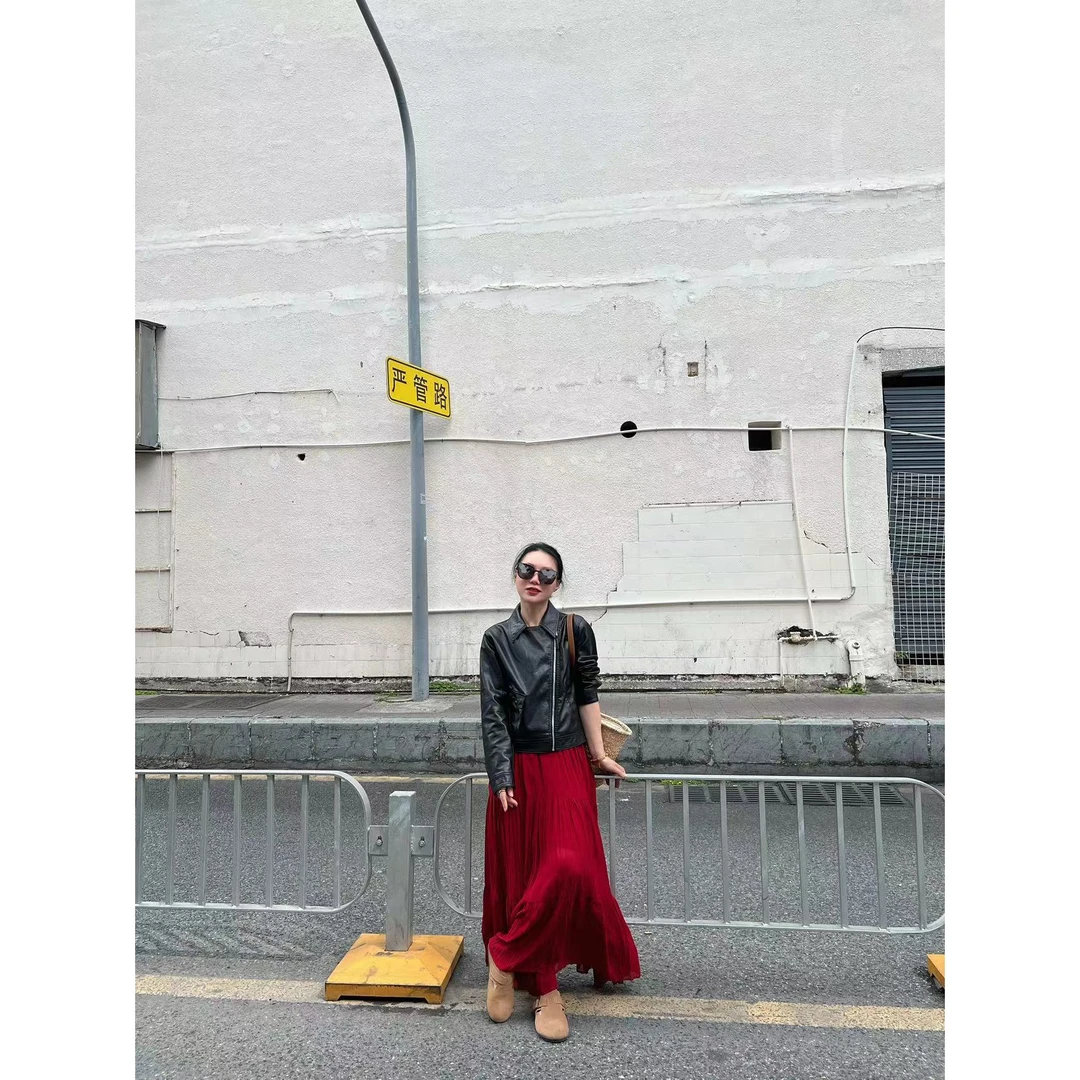 韩版显瘦设计感口袋翻领皮衣