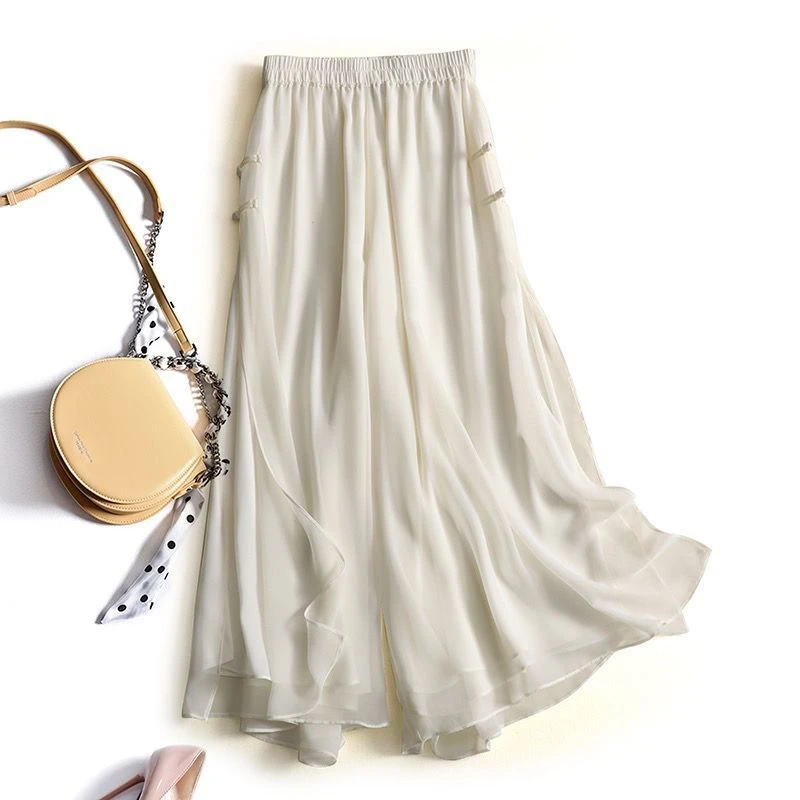 新中式国风雪纺裤裙女夏新款大码高腰垂感宽松冰丝大码阔腿九分裤