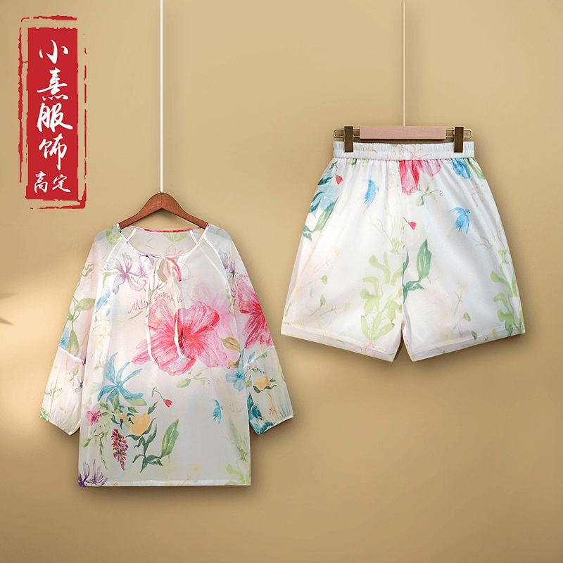 【彩菡】2024新款夏季新中式上衣+短裤印花国风夏装薄款两件套装女