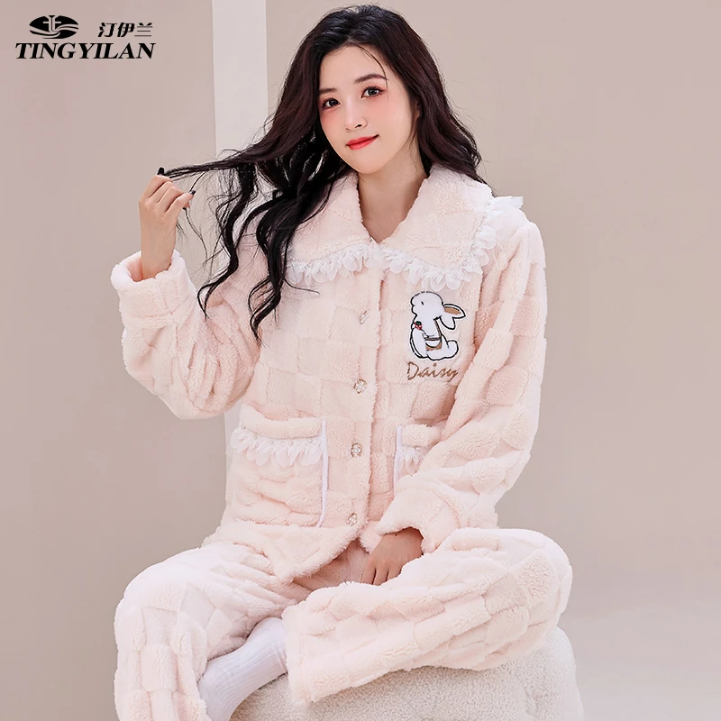 汀伊兰品牌冬季可爱睡衣女式提花绒加厚大码卡通可外穿家居服套装