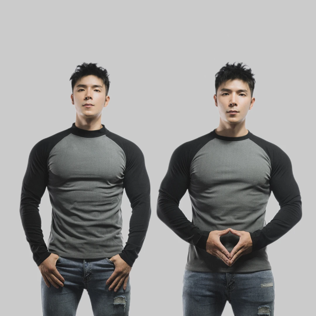 秋冬撞色插肩袖德绒显大肌圆领/半高领运动修身打底T恤运动玩咖