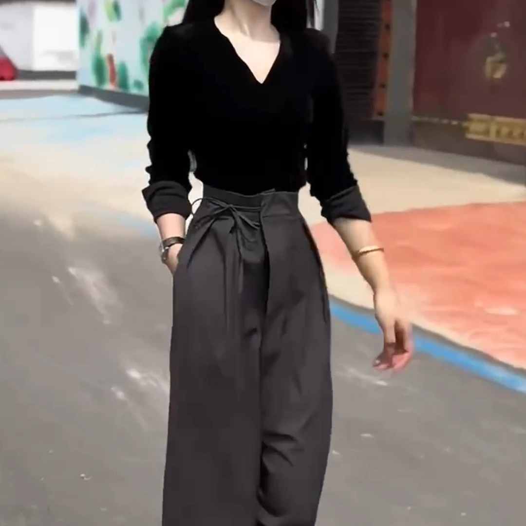 1新款气质V领上衣长袖T恤宽松高腰阔腿裤韩版女装