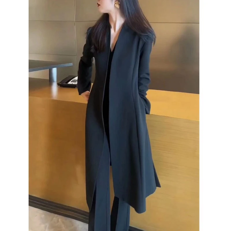 新款纯色净版中长款外套时尚显瘦微喇裤女装