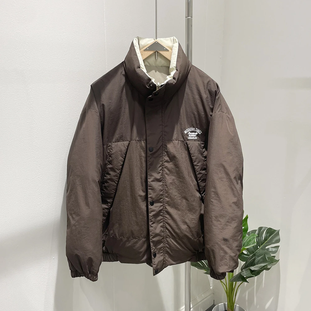 23年新款男式羽绒服细格时尚两面穿羽绒服立领刺绣拼色羽绒服潮男