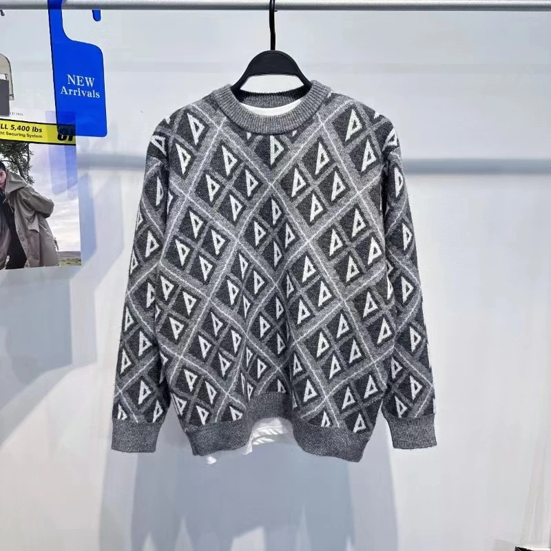 男装秋冬新款毛衣时尚百搭菱形提花情侣毛衫圆领套头毛衣潮流男