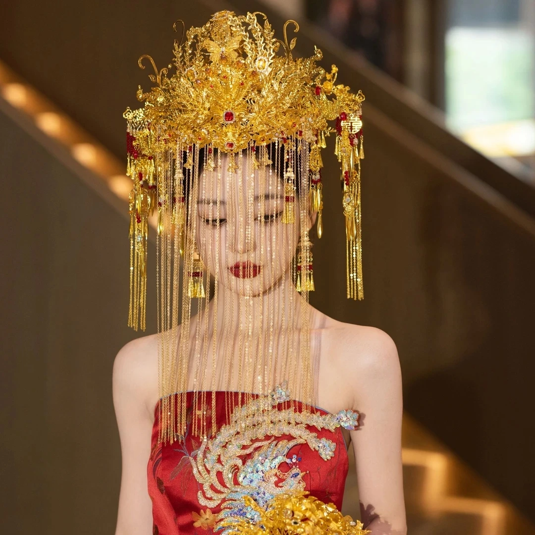 z8081 金色面帘大凤冠整冠新娘中式婚礼头饰汉服秀禾龙凤褂