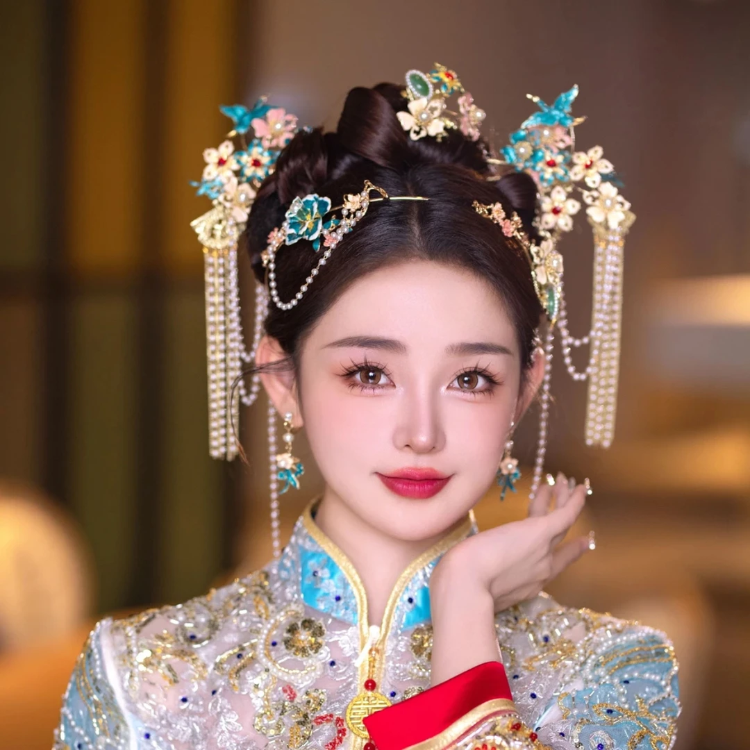 80 复古婚礼景泰蓝古装头饰中式汉服新娘头饰
