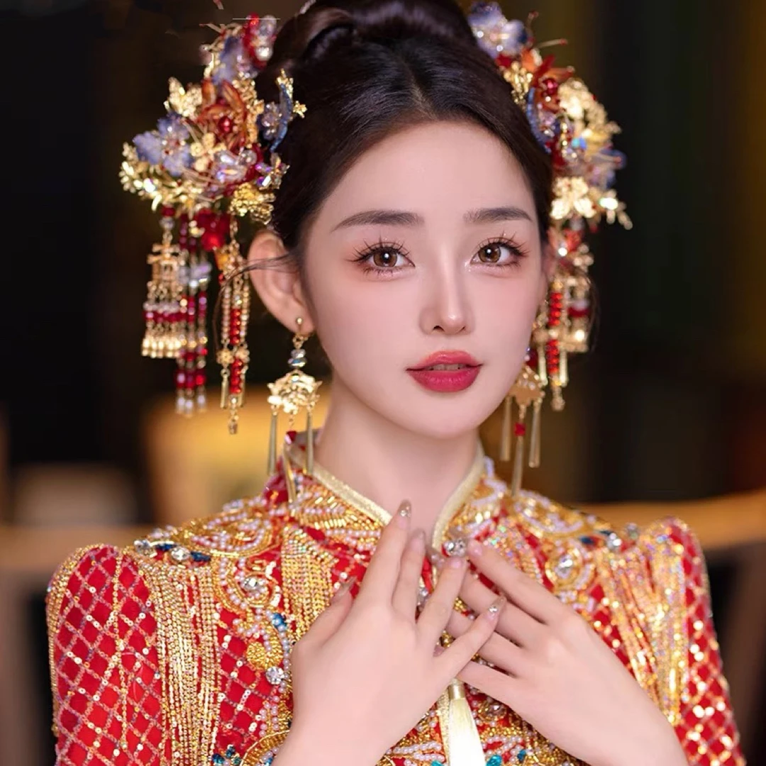 8467莎莎婚嫁饰品大气秀禾百搭手工花朵水晶减龄奢华汉服古典秀禾