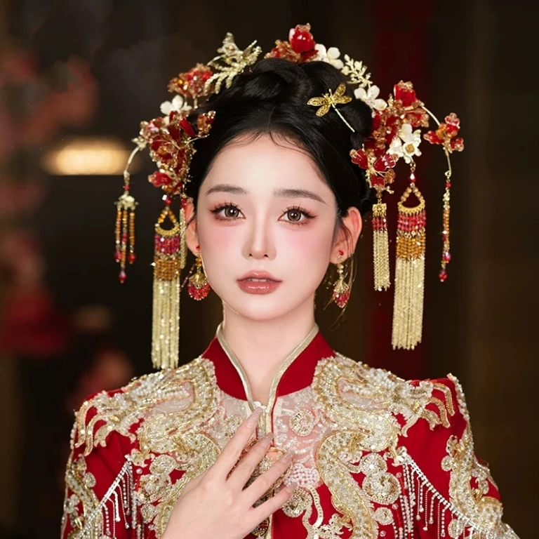 z8101中式婚礼水晶凤钗古装汉服头饰复古新娘传统秀禾手工发饰品