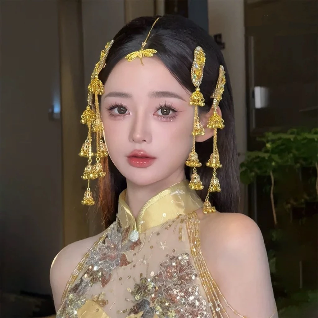 2787新中式金色发夹流苏头饰新娘结婚晨袍礼服简约实用影楼出片