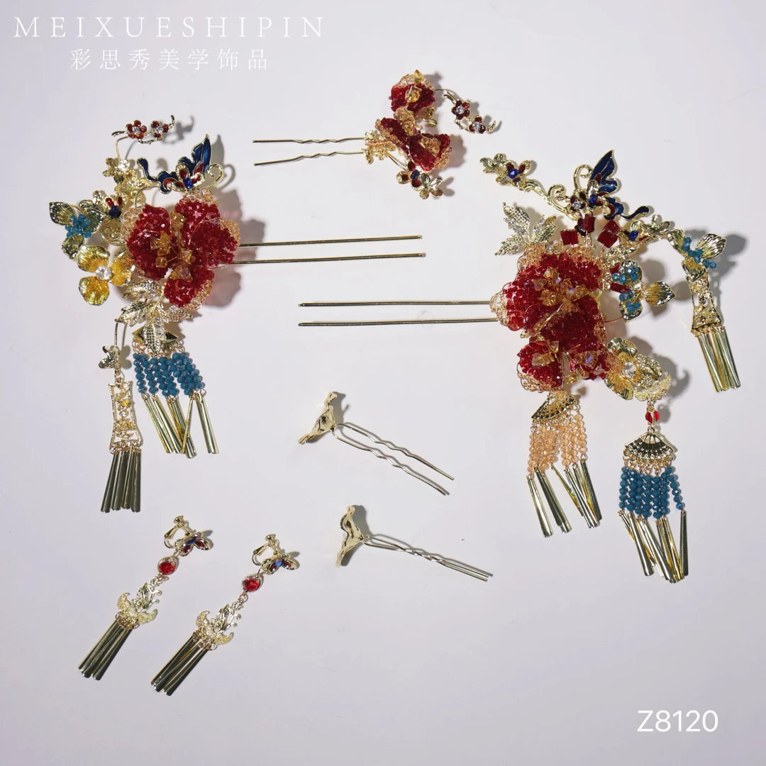 Z8120新款金红蓝撞色秀禾旗袍龙凤褂汉服减龄精致高级新娘饰品