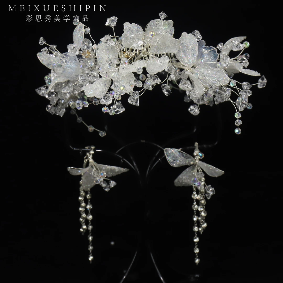 7621白色水晶韩式新娘头饰简约大气披发叠加皇冠实用婚饰