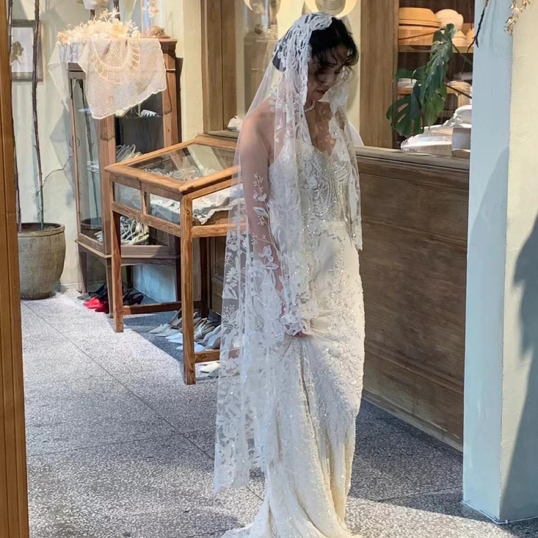 1318 重工蕾丝头纱新娘婚礼仪式盖头单层无发梳1.7米复古影楼户外