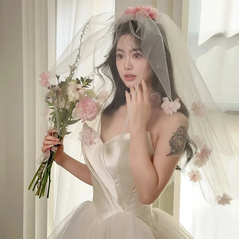 1019婚嫁饰品康康造型新娘主婚纱森系粉色花朵短款头纱