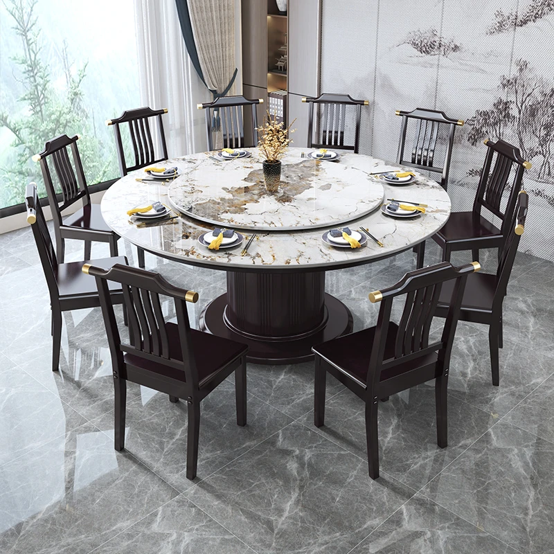 实木岩板圆桌潘多拉新中式现代风格1.5米8椅大圆桌带转盘家用轻奢