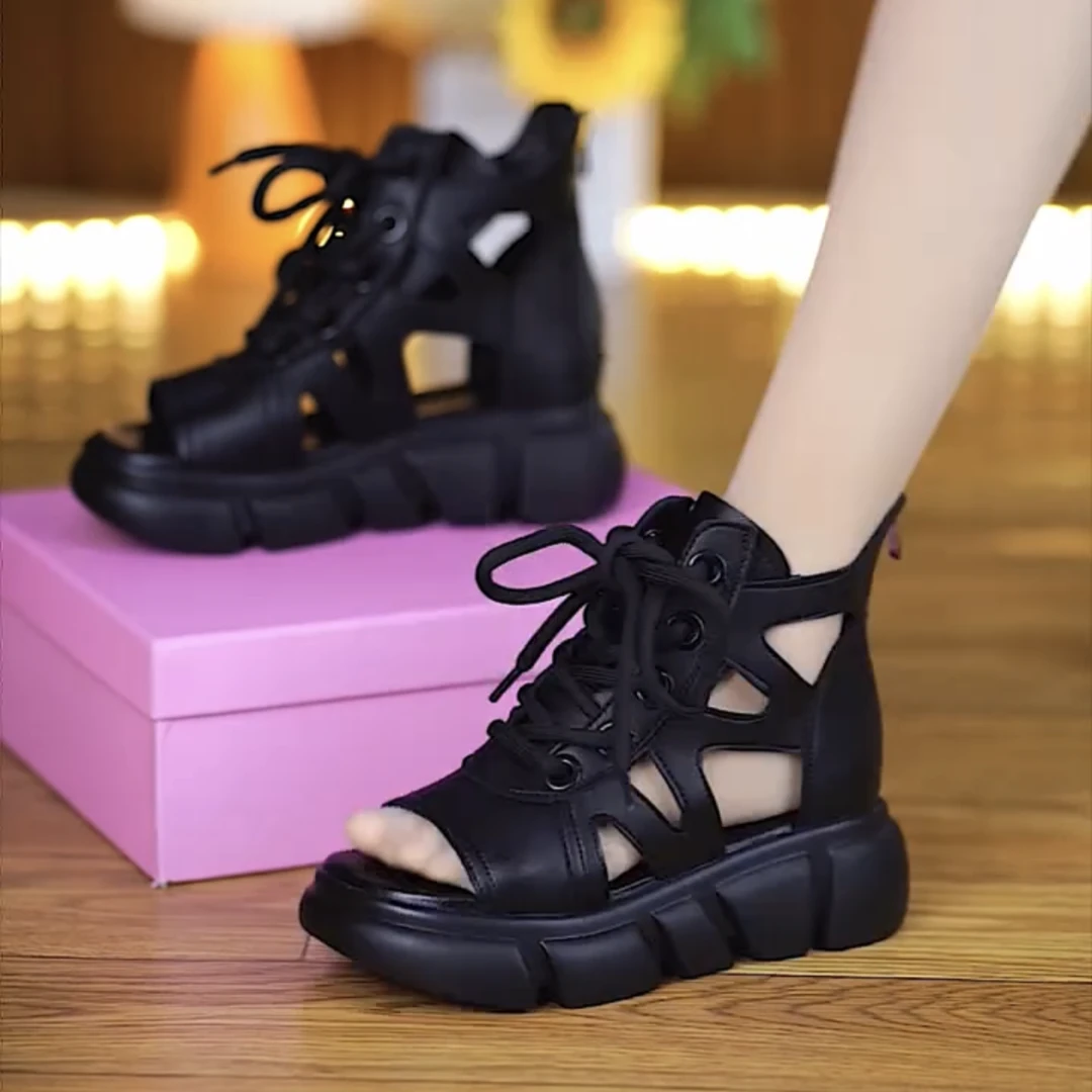 镂空外穿罗马凉鞋软底2024春夏新款系带鱼嘴轻便厚底女松糕底凉鞋