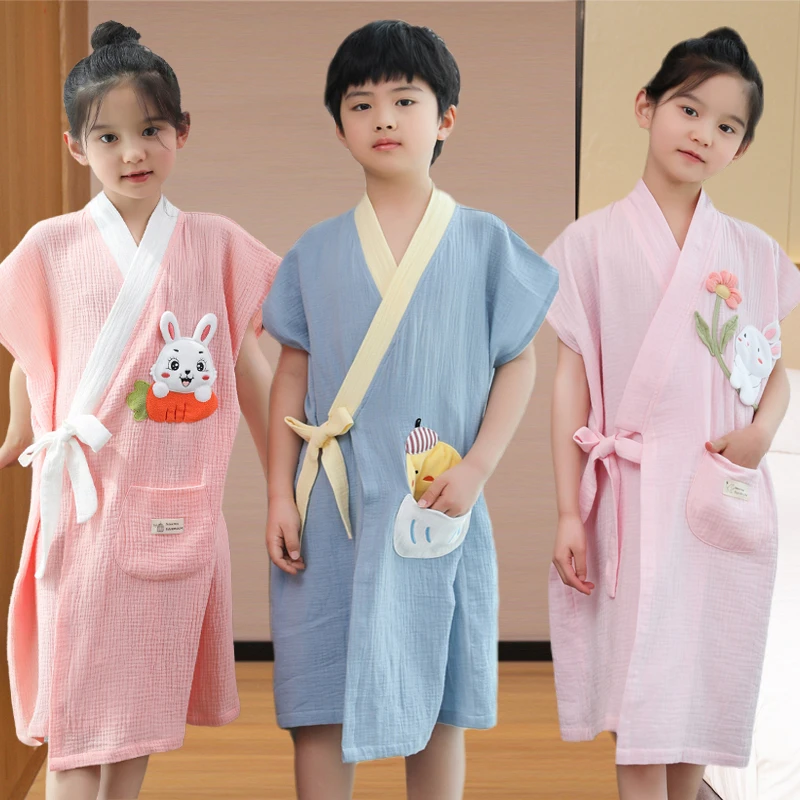 夏季纱布儿童浴巾男孩女款可穿可裹纯棉100%全棉浴袍洗澡游泳浴裙