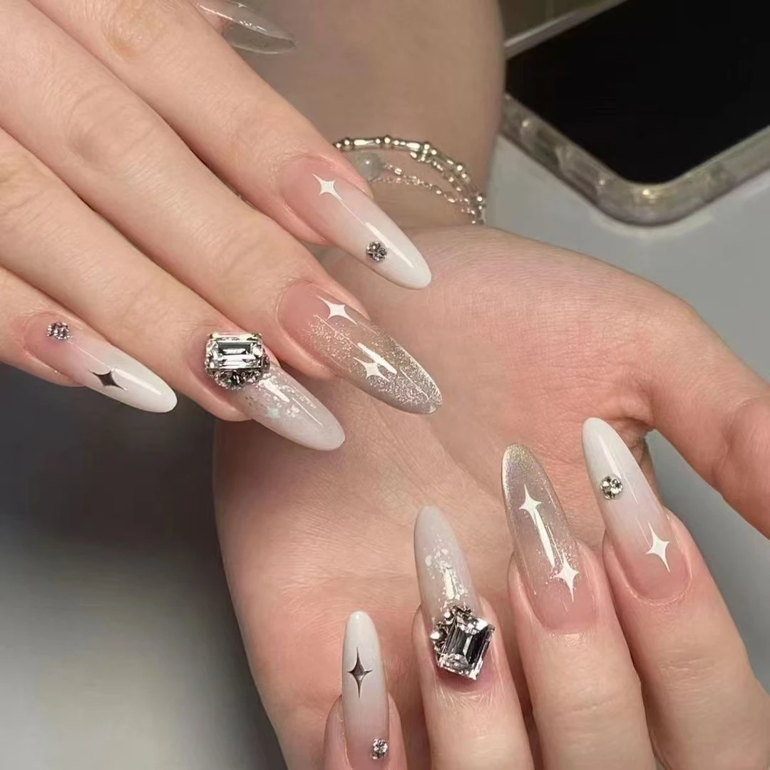 星星｜渐变纯手工长款新款穿戴甲显白简约星空猫眼爆闪美甲纯欲