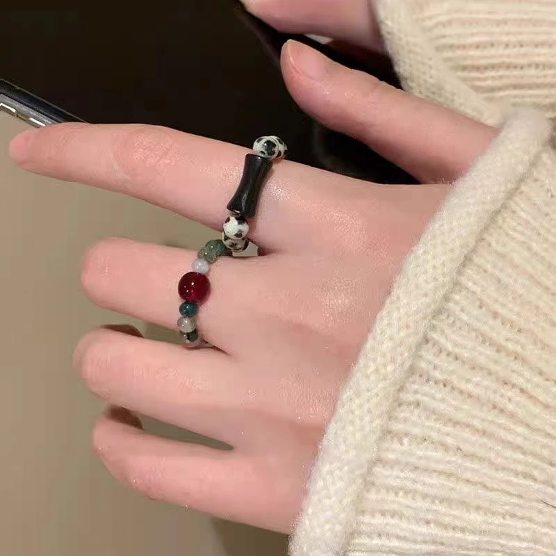 一颗红豆~新中式墨竹串珠戒指女小众设计食指戒复古气质高级尾戒