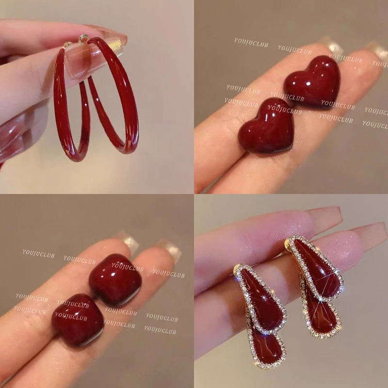 铜合金耳饰 秋冬上新酒红色滴釉扭扭大圈圈耳圈方圆脸适合的耳环