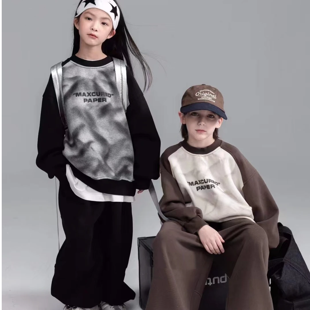 秋冬新款儿童男童女童印花卫衣拼接宽松时尚休闲中大童2520