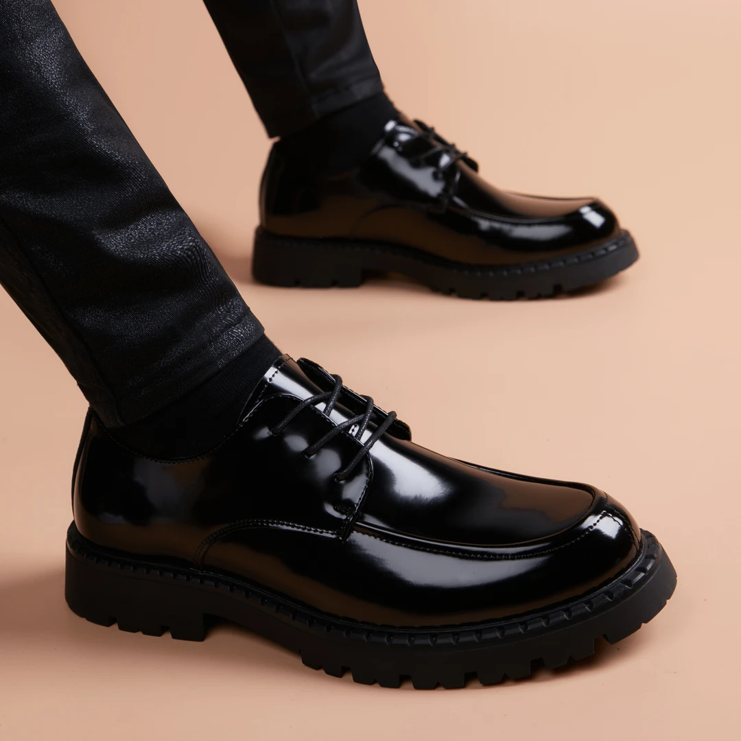 2024新款男士黑色皮鞋韩版商务休闲内增高厚底鞋青年系带透气皮鞋