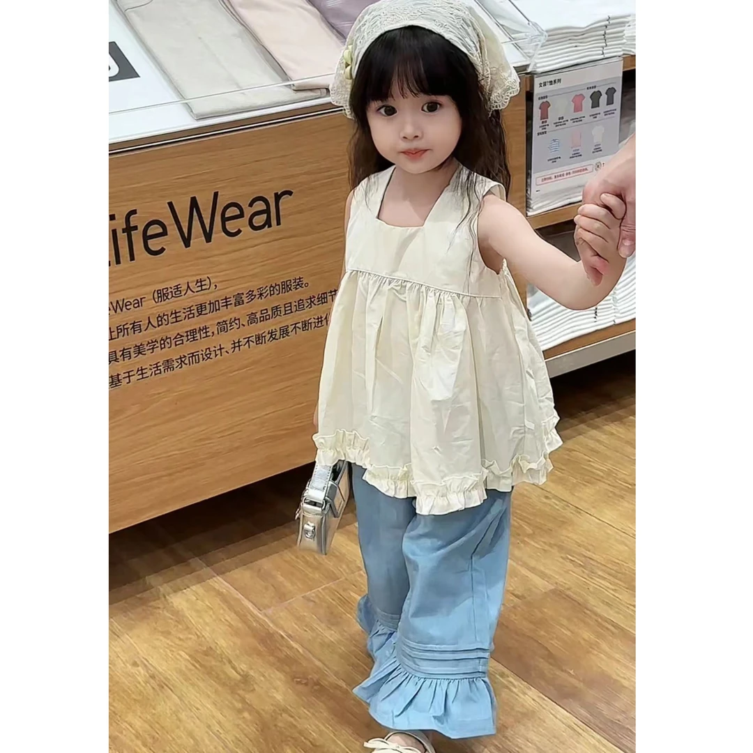 韩国童装2024夏季女童法式气质上衣背心吊带九分薄款阔腿裤两件套