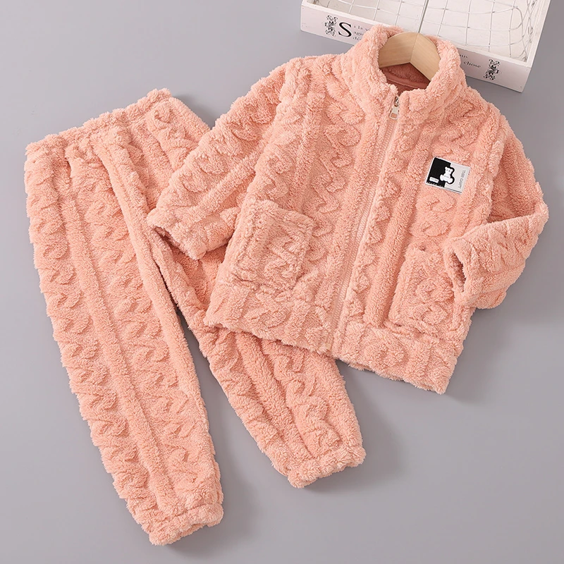 秋冬季儿童法兰绒睡衣女孩加厚款珊瑚绒套装男童女童宝宝家居服