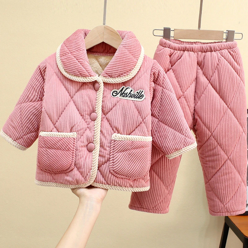 秋冬季儿童睡衣加厚加绒法兰绒中小童宝宝大童夹棉男女童家居套装